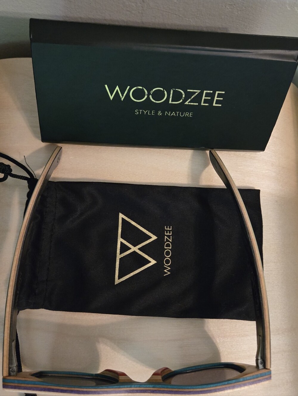 Woodzee Blue/Green/Tan Wood Reclaimed Skateboard Sunglasses S/M - Picture 5 of 5